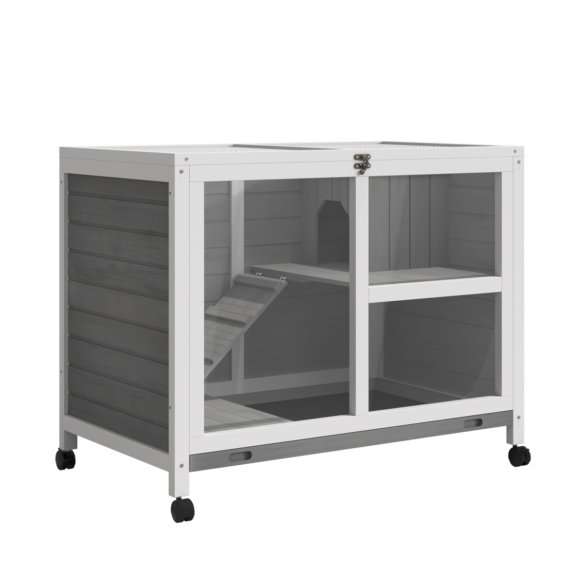 PawHut Two-Floor Wooden Rabbit Hutch with Wheels, Ramp & Pull-Out Tray – Indoor Small Animal House, Grey