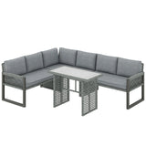 Outsunny 6 Seater Rattan Garden Furniture Set with 3 Loveseats and Glass Table – Modular Corner Sofa, Grey
