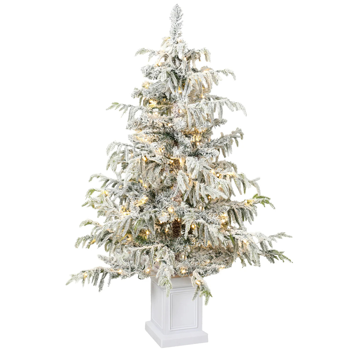 HOMCOM 4ft Pre-Lit Flocked Christmas Tree with 160 Warm White LEDs and 8 Modes – Snow Spruce, Green