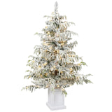 HOMCOM 4ft Pre-Lit Flocked Christmas Tree with 160 Warm White LEDs and 8 Modes – Snow Spruce, Green