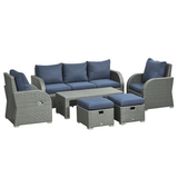 Outsunny 6-Piece Padded Rattan Garden Set with 3-Seater Sofa, 2 Reclining Armchairs, Footstools & Table, Blue