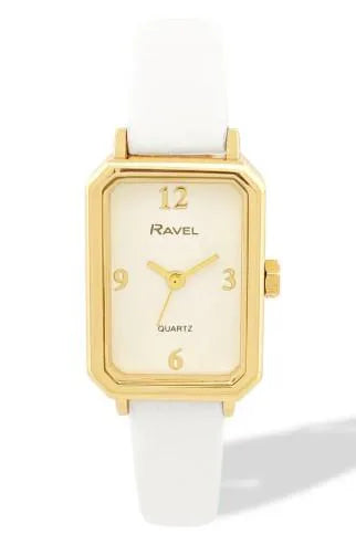 Ravel Ladies Rectangular Gold-Tone Watch with White Faux Leather Strap