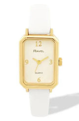 Ravel Ladies Rectangular Gold-Tone Watch with White Faux Leather Strap