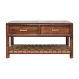 Artisan Furniture Solid Mango Wood Regency Woven Console Table with 4 Drawers – Entryway Storage, Dark Brown
