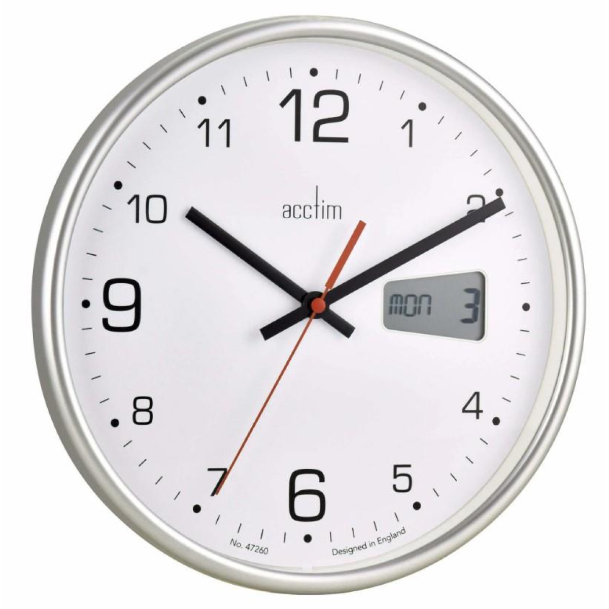 Acctim Kalendar Wall Clock with Digital Date and Day Display, 27cm Silver Frame – Silent Sweep Movement