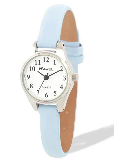 Ravel Ladies Petite Silver-Tone Watch with Clear Numerals and Light Blue Leatherette Strap