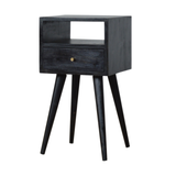 Artisan Furniture Solid Wood Mini Bedside Table with Pull-Out Drawer and Shelf – Nordic Style, Ash Black