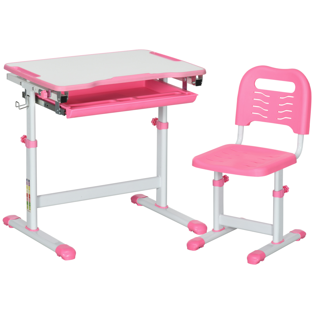 HOMCOM Kids Desk and Chair Set with Height-Adjustable Table, Drawer, Pen Slot & Hook – Study Desk, Pink