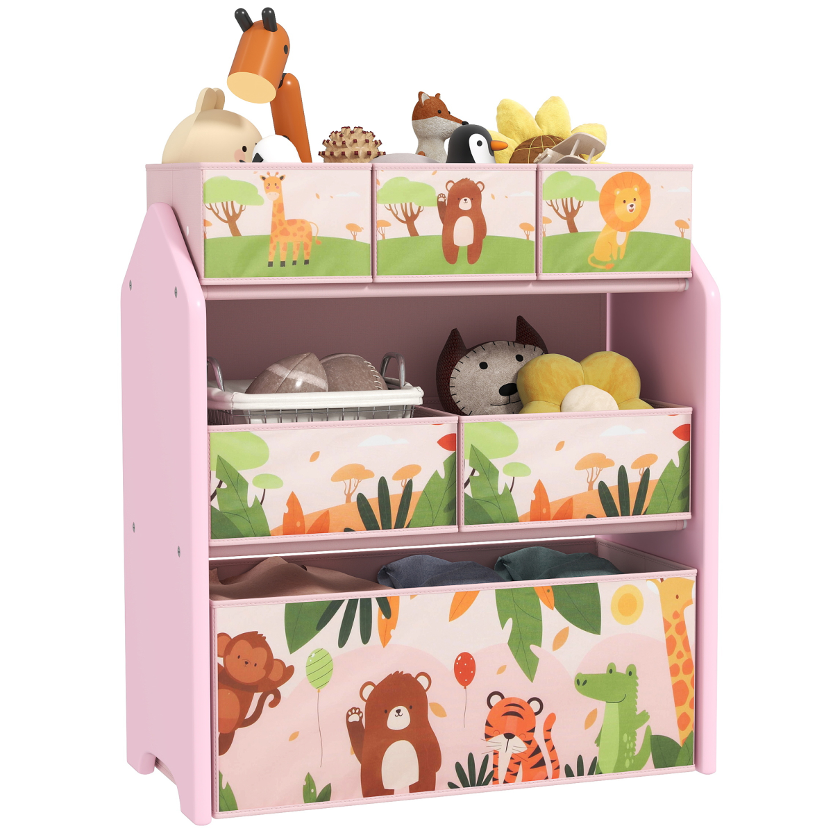 AIYAPLAY Kids Toy Storage Unit with 6 Fabric Boxes – Pink 3-Tier Playroom Organiser