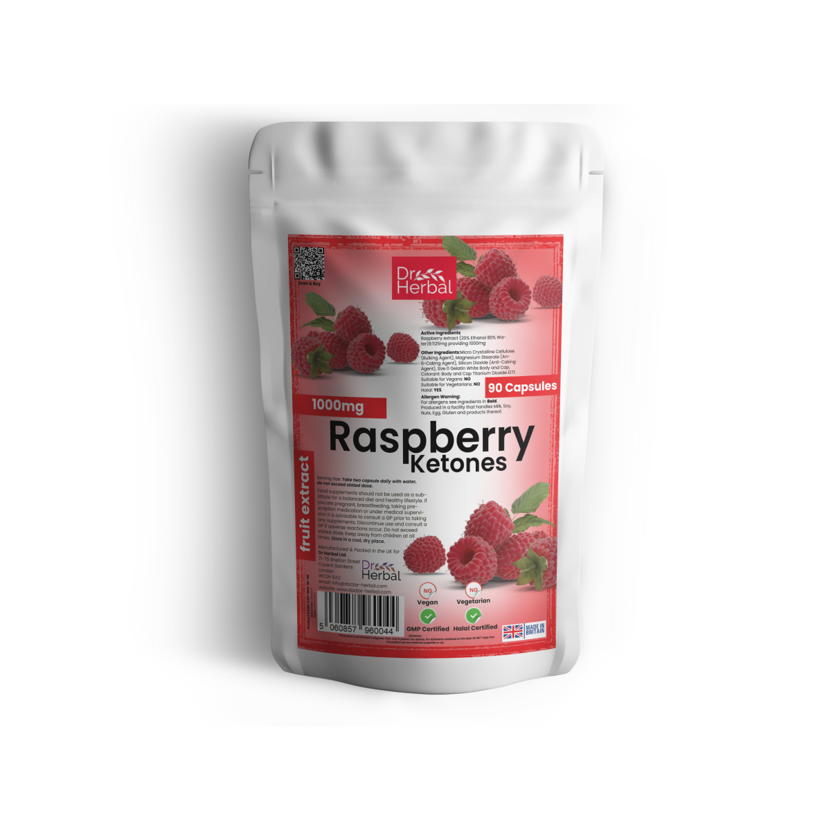 Dr Herbal Raspberry Ketone 1000mg Capsules, 90 Count – High-Strength Raspberry Extract Supplement
