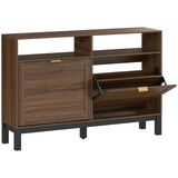 HOMCOM Narrow Shoe Cabinet with 2 Flip Drawers & Open Shelves – Rustic Brown