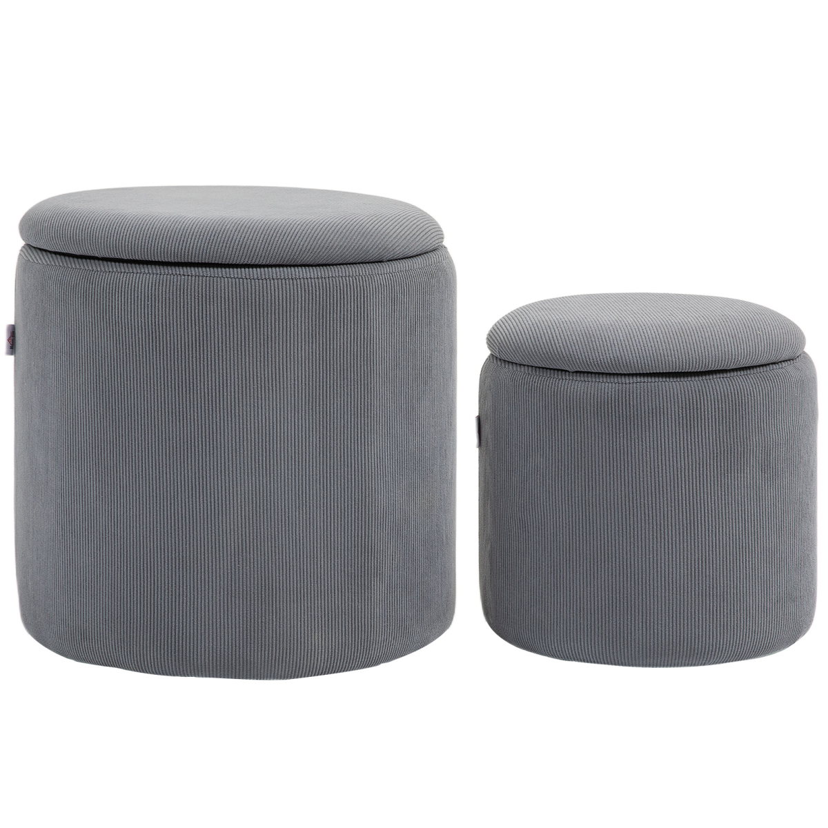 HOMCOM Fabric Storage Ottoman Set of 2 with Removable Lids – Nesting Footstools, Corduroy, Light Grey