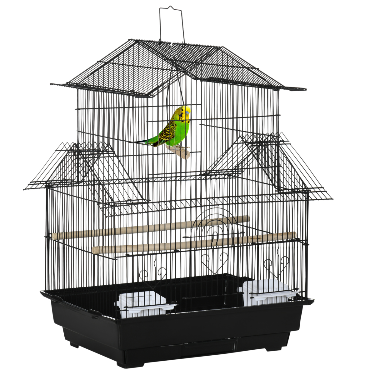 PawHut Metal Bird Cage with Plastic Perch, Food Container and Carry Handle, 50.5 x 40 x 63cm – Black