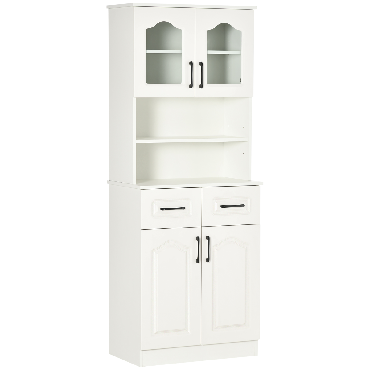 HOMCOM 168cm Kitchen Storage Cabinet with Glass Doors, Two Shelves & Drawers, Open Counter – Anti-Tipping, White