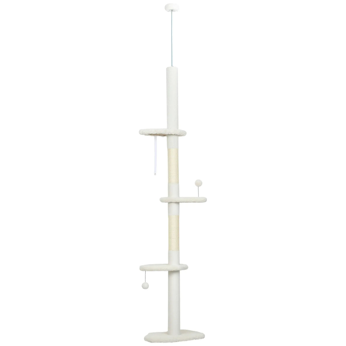 PawHut 225–255cm Adjustable Floor-to-Ceiling Cat Tree with Sisal Posts, Play Balls & Anti-Tip Strap, Beige