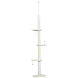 PawHut 225–255cm Adjustable Floor-to-Ceiling Cat Tree with Sisal Posts, Play Balls & Anti-Tip Strap, Beige