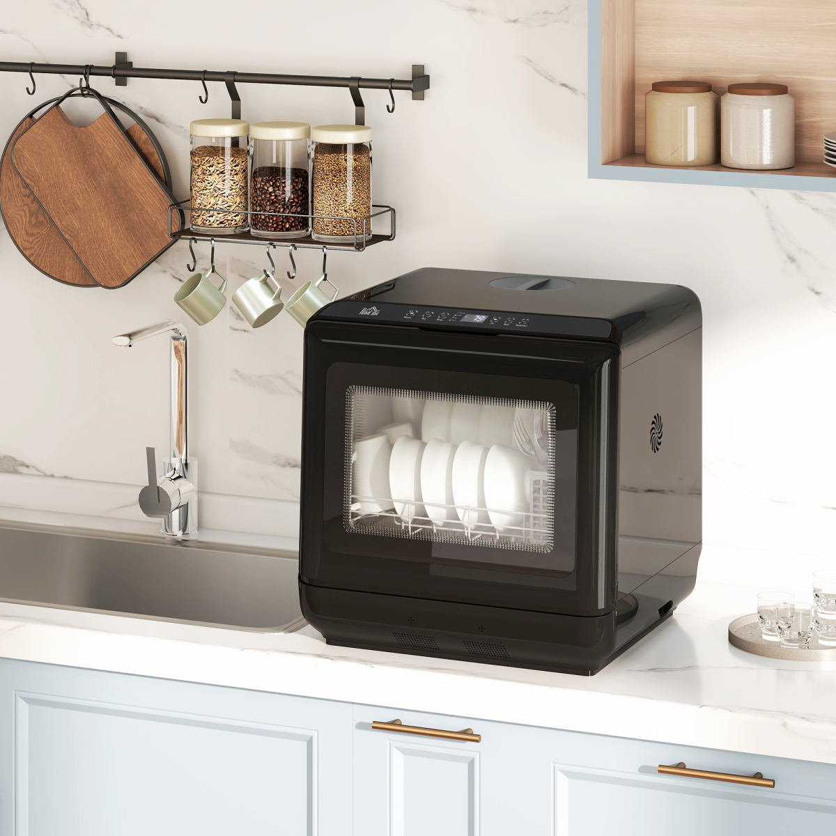 Compact Countertop Dishwasher with 5 Wash Programmes, 4 Place Settings & LED Display – Black