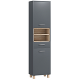 HOMCOM Bathroom Storage Unit with Two Cabinets, Open Shelves & Drawer – Freestanding Tall Cabinet, Grey