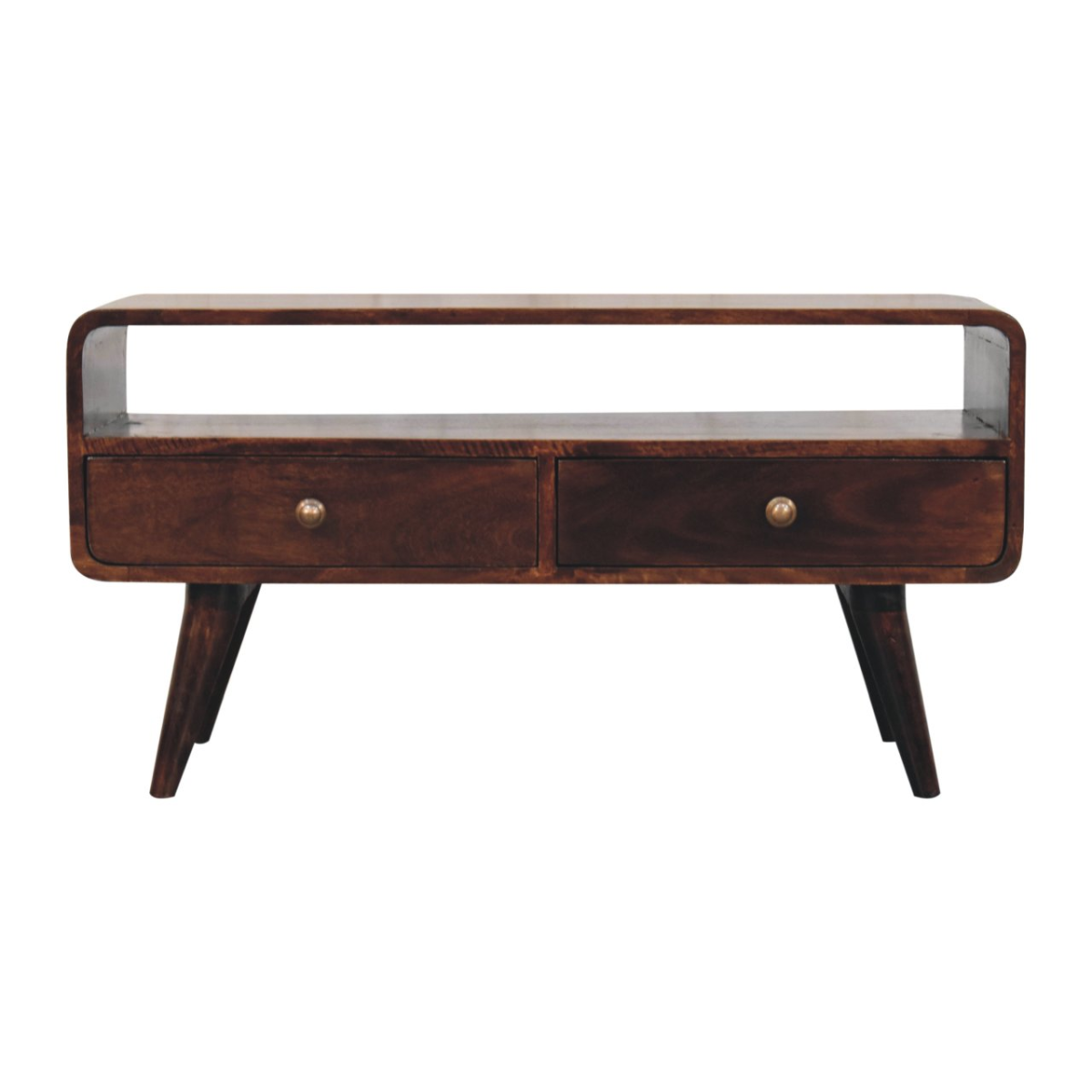 Artisan Furniture Curved Mango Wood Media Unit with 2 Drawers & Open Slot – California Walnut, Dark Brown