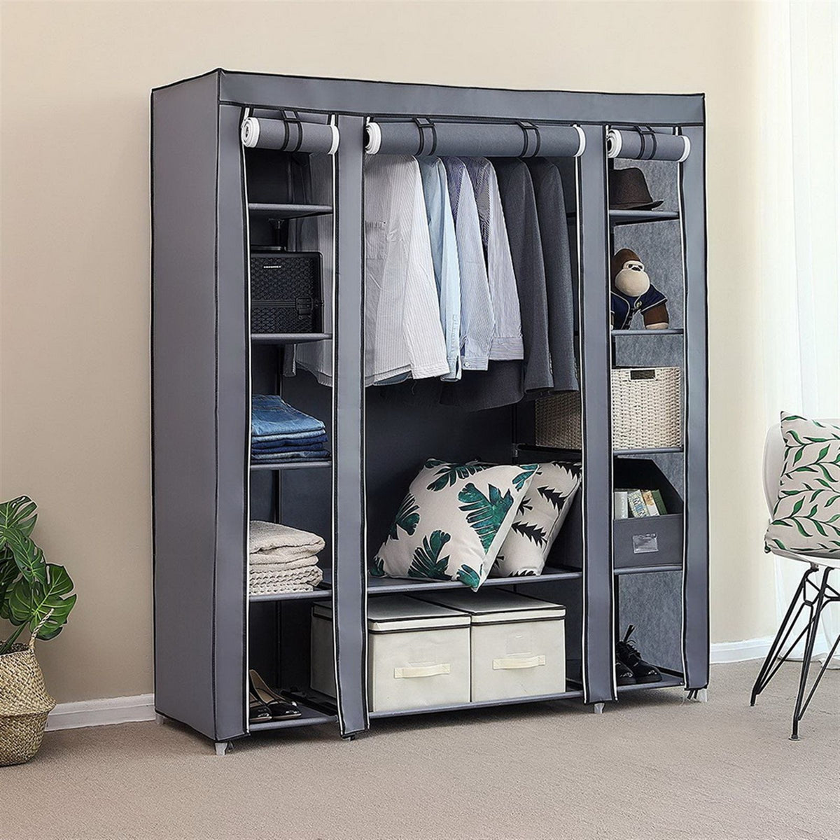 Portable Fabric Wardrobe with Hanging Rail, 12 Shelves & Dustproof Cover, 147 x 44 x 174cm, Grey