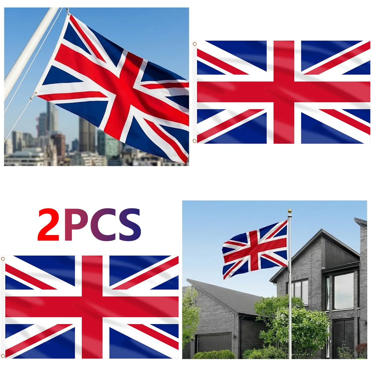 Union Jack UK Flag, 90 x 150 cm (3 x 5 ft), Pack of 2, with Brass Grommets
