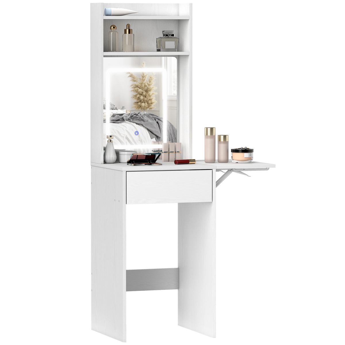 HOMCOM Compact Dressing Table with LED Lighted Mirror, Drop Leaf, Open Shelves & Drawer – White