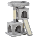 Pawhut Cat Activity Tree with 2 Houses, Sisal Scratching Posts & Cushioned Top Perch – Plush, Grey