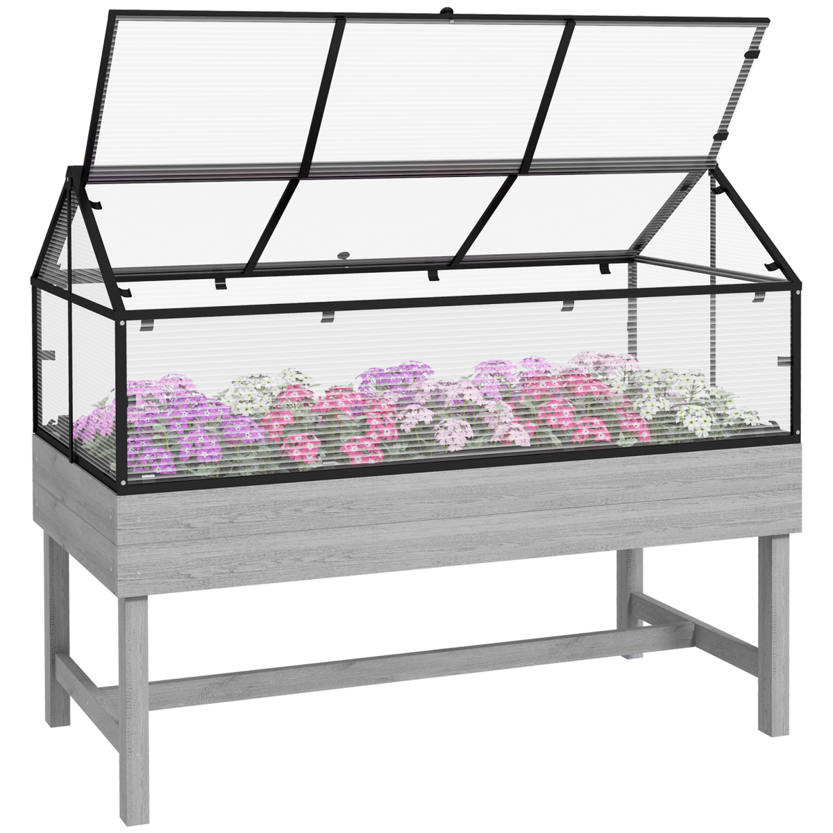 Outsunny Raised Garden Bed with Polycarbonate Greenhouse Cover & Two Flip-Up Vents – Steel & Fir Wood, Grey