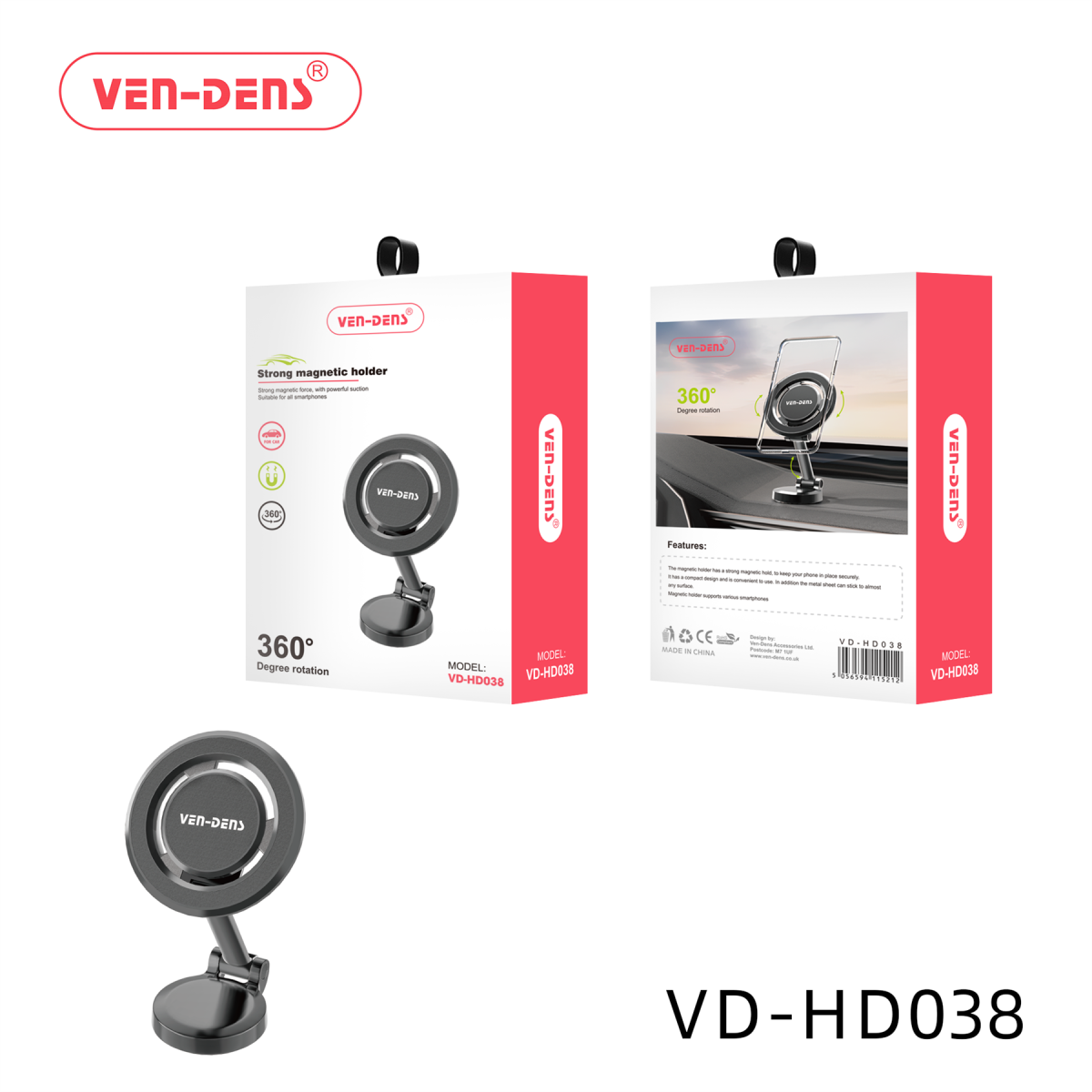 Ven-Dens Strong Magnetic Phone Holder with 360° Rotation – Compact Mount with Cable Clip, One-Hand Operation