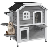 PawHut Two-Storey Cat Condo with Openable Roof – Fir Wood Indoor & Outdoor Catio House, Grey
