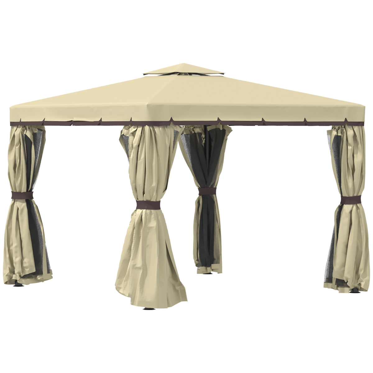 Outsunny 3 x 3m Aluminium Patio Gazebo with Mosquito Net, Four Curtains & Two-Tier Canopy Roof, Beige