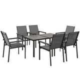 Outsunny 7-Piece Garden Dining Set with Tempered Glass Table and 6 Mesh Chairs – Patio Furniture, Grey