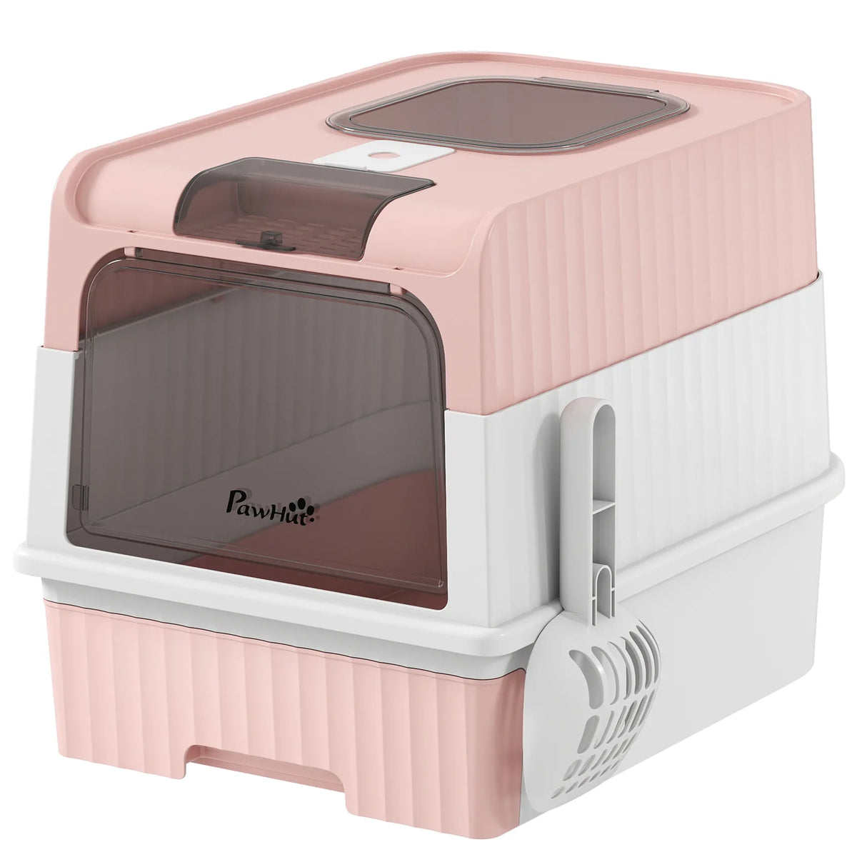 PawHut Enclosed Cat Litter Box with Pull-Out Drawer, Scoop & 2 Deodorisation Bags – Top Exit, Pink