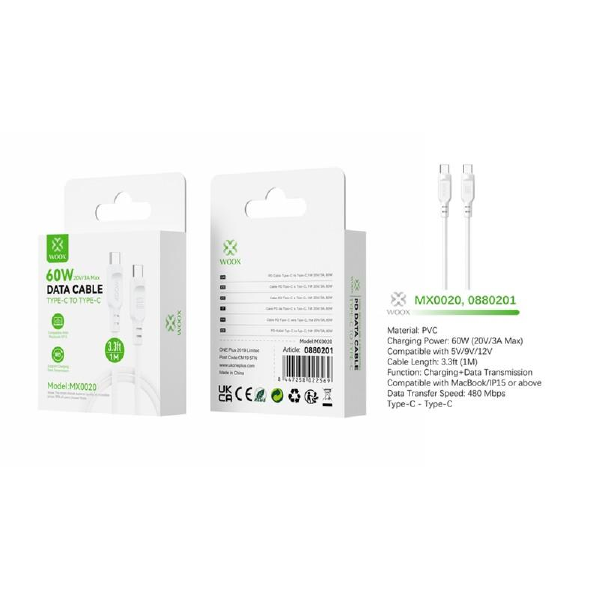 Woox MX0020 Type C to Type C PVC Data Cable, 60W Power Delivery, 1m – Fast Charging & Sync, White
