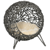 PawHut Elevated Rattan Cat House with Cushion – Kitten Basket Pet Bed with Door, Silver-Tone and Grey
