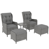 Outsunny 5-Piece Rattan Recliner Set with 2 Chairs, 2 Footstools and Glass Table – Garden Lounge, Light Grey