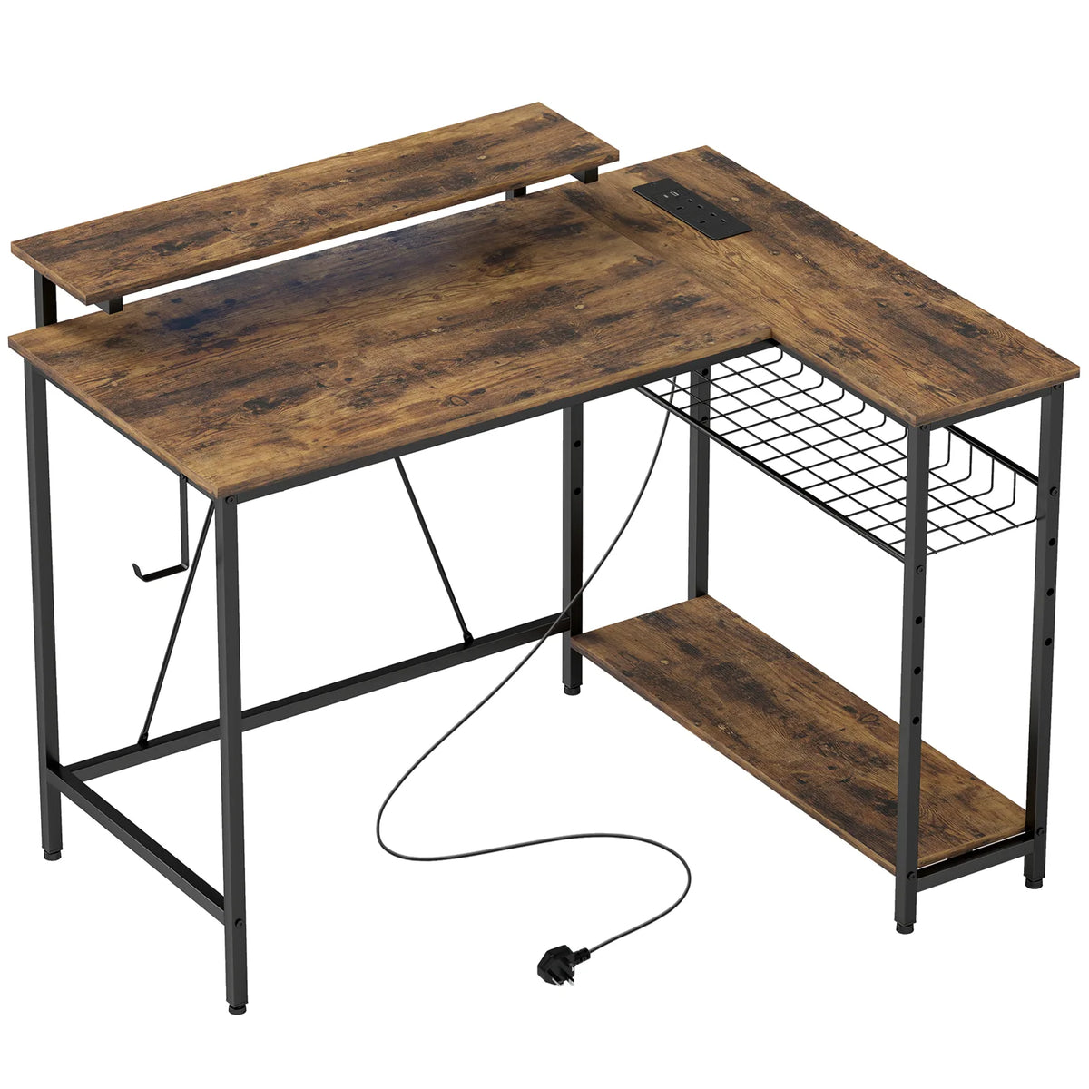HOMCOM Reversible L-Shaped Desk with LED Lights, Power Outlets & USB Ports – Gaming Home Office, Rustic Brown
