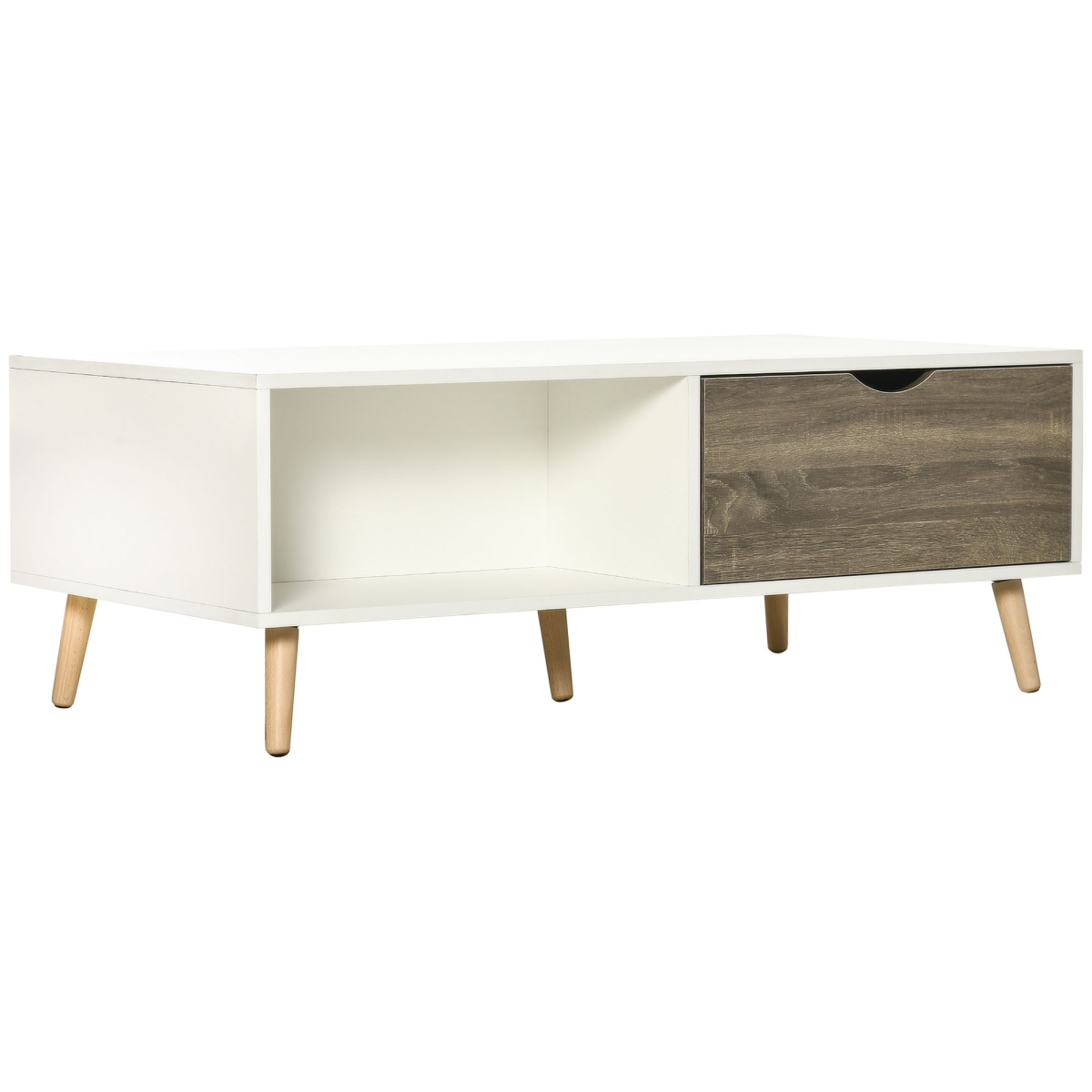 Modern White Coffee Table with Storage Shelves and 2 Sliding Drawers – Living Room Table with Wood-Effect Drawers