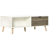 Modern White Coffee Table with Storage Shelves and 2 Sliding Drawers – Living Room Table with Wood-Effect Drawers