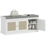HOMCOM Shoe Storage Bench with Rattan Doors and Seat Cushion – Boho Entryway Shoe Cabinet Bench, White and Grey
