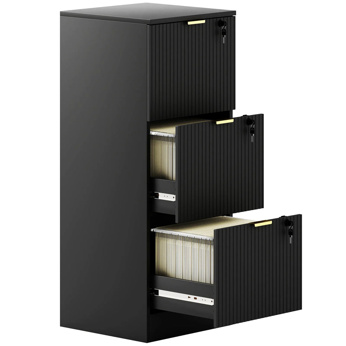 HOMCOM Filing Cabinet with 3 Lockable Drawers and Hanging Rails – Fluted Vertical A4 File Storage, Black