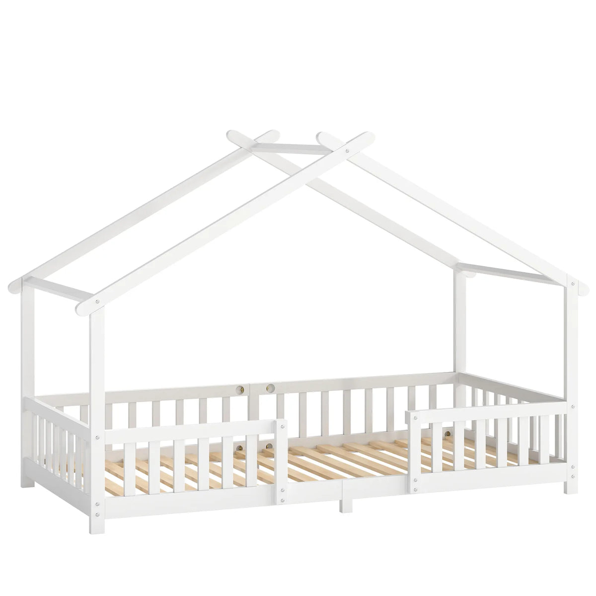 AIYAPLAY Wooden House Kids Single Bed with Dual Guardrails – Solid Pine, White, Fits 90 x 200 cm Mattress