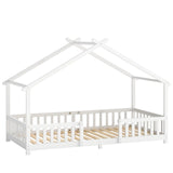 AIYAPLAY Wooden House Kids Single Bed with Dual Guardrails – Solid Pine, White, Fits 90 x 200 cm Mattress