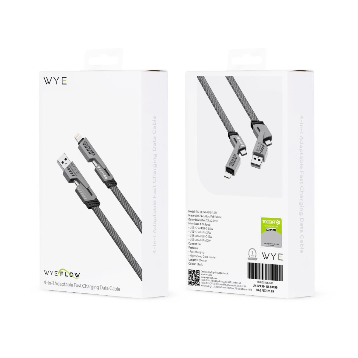 WYEFLUX 4-in-1 Fast Charging & Data Cable, 1.2m – USB-C and USB-A to USB-C or 8-Pin, Black