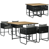 Outsunny 5 Piece Rattan Dining Set with 4 Armchairs & Wood-Effect Table – Space-Saving Cube Garden Furniture