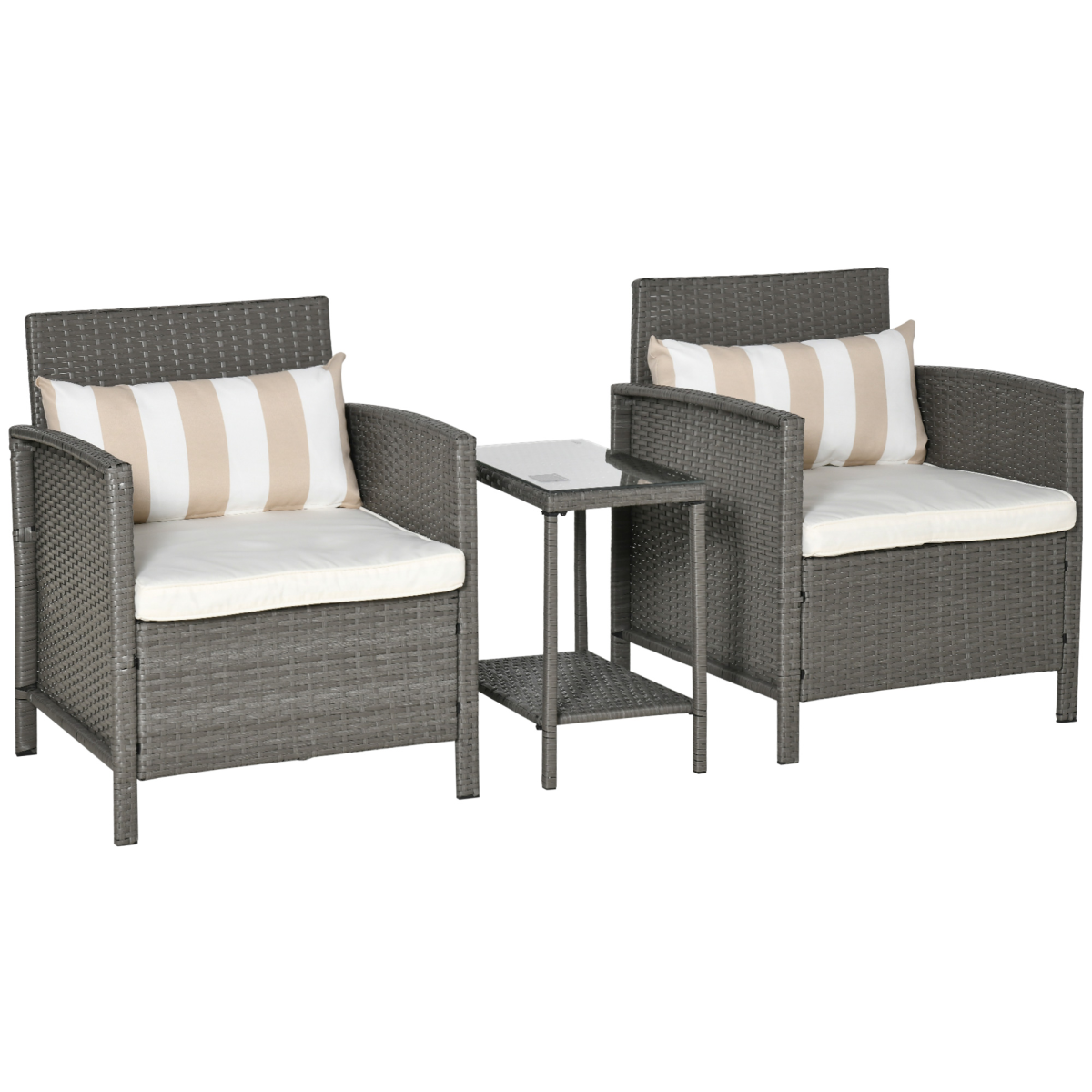 Outsunny Rattan Bistro Set with Glass-Top Table and Cushioned Chairs – Patio Furniture, Grey and Cream White