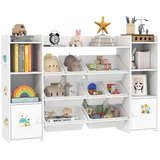 AIYAPLAY Kids Toy Storage Organiser with 8 Removable Bins, Bookcase & Cupboard – White
