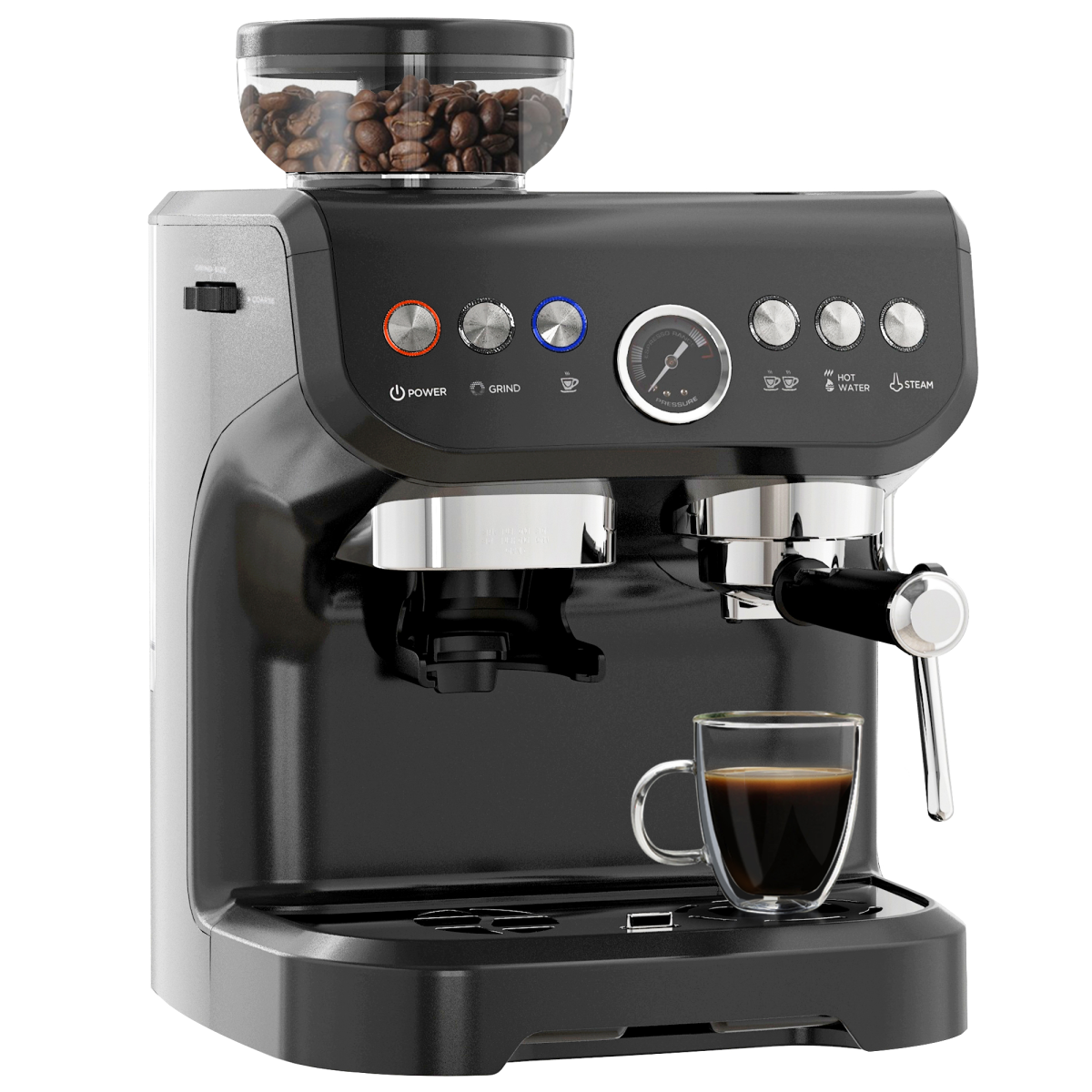HOMCOM Espresso Coffee Machine with Integrated Bean Grinder & Steam Wand – 15 Bar Pressure, Black