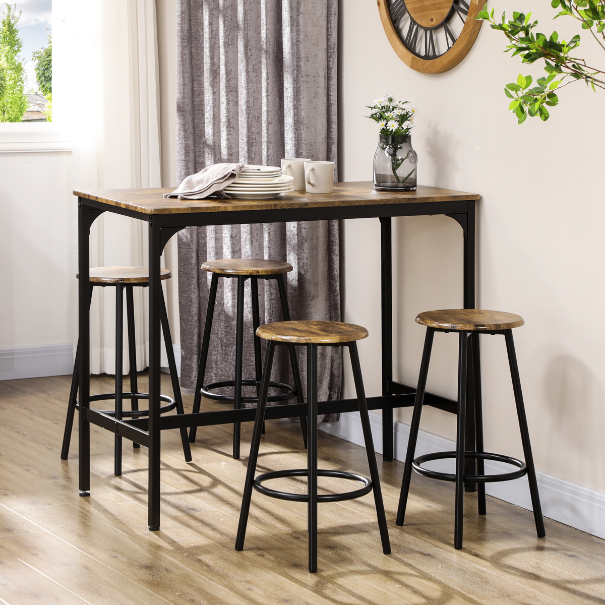 5-Piece Bar Table and Stool Set with 4 Stools – Space-Saving Pub Dining Set, Rustic Brown and Black
