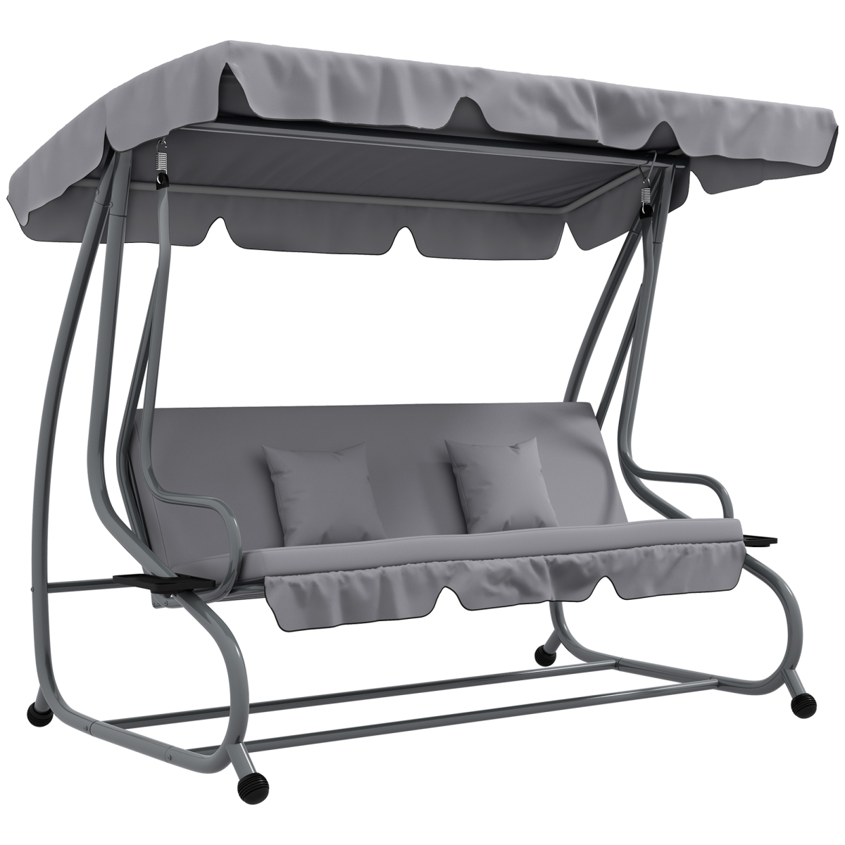 Outsunny 2-in-1 3-Seater Garden Swing Chair with Adjustable Canopy, Side Trays & Pillows – Converts to Bed, Grey